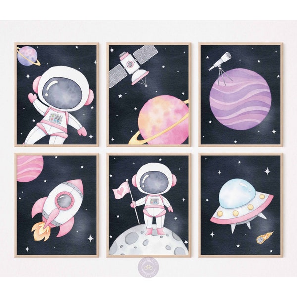 Space Nursery Prints, Girl Room Printable Wall Art, Pink Space Playroom Decor, Watercolor Planets, Girl Astronaut Posters DIGITAL DOWNLOAD