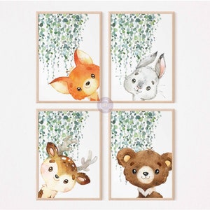 Woodland Baby Animal Prints, Wald Baby Tiere Kinderzimmer Wandkunst, Woodland Kinderzimmer Dekor, druckbare Wandkunst, Set von 4, digitaler Download