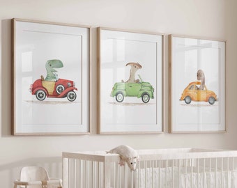 Dinosaur Prints, Set of 3 Dino Posters, Dinos in Cars, Bright Dinosaur Wall Art, Boy Nursery Decor, Kids Playroom Decor, Digital Download