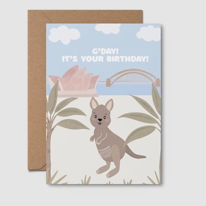 GEBURTSTAGSKARTE | G'day, es ist Dein Geburtstag | Känguru, Australische Grußkarte, Hafen von Sydney, Süße Karte, Australiana, Einzigartige Karte