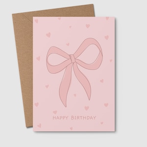 LEUKE VERJAARDAGKAART | Mooie roze strik en harten, Coquette-verjaardagskaart, mooie kaart, esthetiek, verjaardag meisje, mijlpaalverjaardag