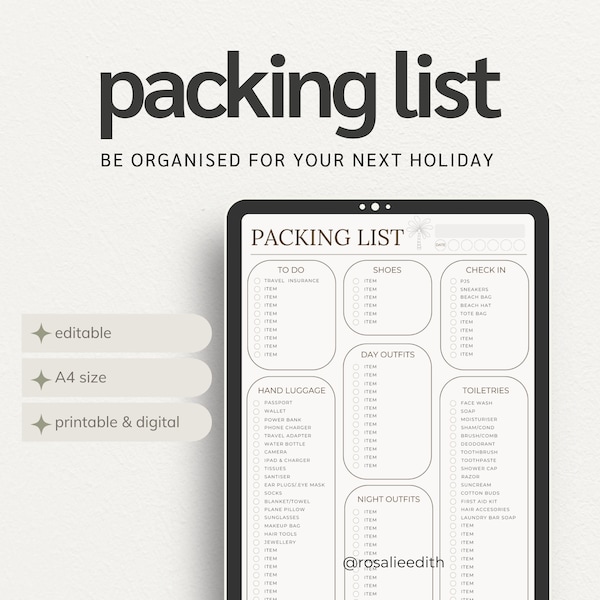 Travel Packing List | Travel Checklist | Packing checklist | Travel Organiser | Goodnotes | Digital | Printable | Editable In Canva