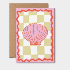 greeting card // coastal cowgirl aesthetic, sea shell, checkers, birthday gift, congratulations card, hens party