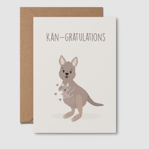 Carte mignonne de baby shower | Félicitations Kan ! Kangourou, félicitations, carte de voeux australienne, carte unique, bébé de bienvenue, cadeau pour nouveau-né