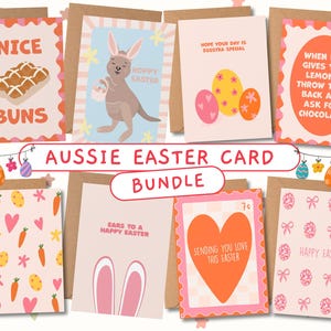 Lot de cartes de Pâques australiennes / comprend 8 modèles, un paquet de cartes en gros, des cartes de jeu de mots de Pâques, des oreilles de lapin, une coquette, un motif tendance, un chignon croisé, un kangourou