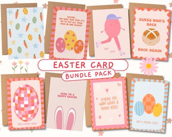 EASTER CARD PACK / includes 8 designs, card bundle, bulk card pack, set of fun easter cards, bunny ears, coquette, trendy, hot cross bun