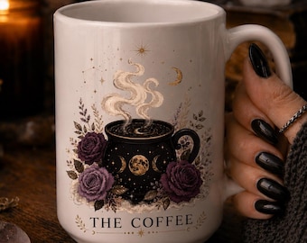 Taza de café, Taza de café de bruja, Taza de caldero celestial, Regalo gótico para amantes del café, Taza de fases lunares, Mago de las nubes, 11 oz, 15 oz, 20 oz