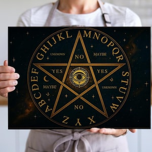 May include: A rectangular, dark-coloured decorative board featuring a golden pentagram design with an eye symbol at the centre. The board has a circular border with letters and words like "YES", "NO", and "MAYBE".