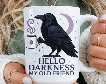 Taza de café Raven, Taza "Hola Oscuridad, mi vieja amiga", Regalo gótico para amantes del café, Taza de té con diseño de cuervo, Decoración de cocina con temática de brujas, 325 ml, 445 ml, 590 ml