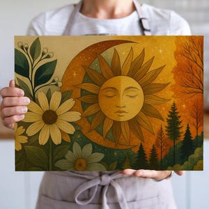Tagliere in vetro con fiori selvatici Boho Sun and Moon, decorazione da cucina celeste, vassoio per formaggi Boho Floral, regalo di inaugurazione della casa con fasi lunari