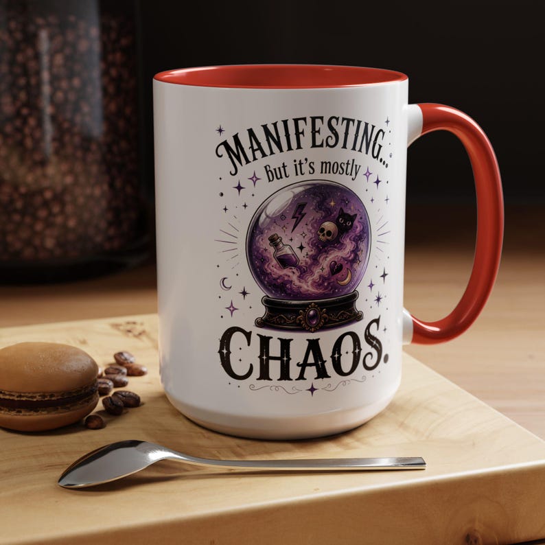 Manifesting Chaos Mug, Witchy Humor Coffee Mug, Crystal Ball Mug, Funny Witch Gift, Spiritual Humor Cup, 11oz, 15oz, 20oz Red