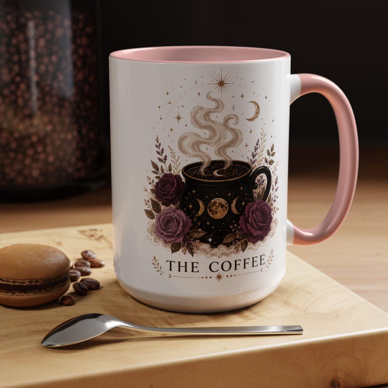 De koffiemok, heksenkoffiemok, mok met hemelse ketel, gotisch cadeau voor koffieliefhebbers, mok met maanfase, wolkenmagiër, 11oz, 15oz, 20oz Pink