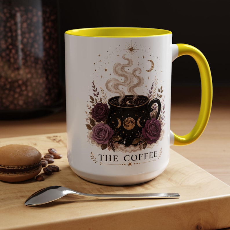 De koffiemok, heksenkoffiemok, mok met hemelse ketel, gotisch cadeau voor koffieliefhebbers, mok met maanfase, wolkenmagiër, 11oz, 15oz, 20oz Yellow