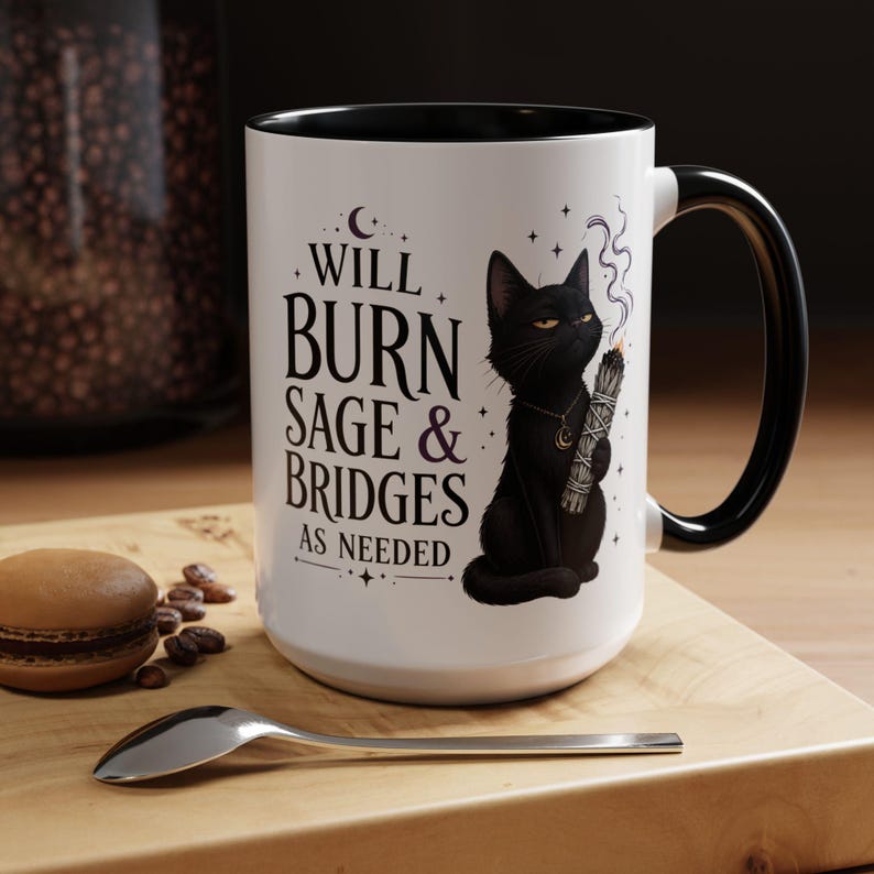 Mug Brûler de la sauge et des ponts au besoin, Mug à café chat noir sorcière, cadeau sorcière drôle, tasse humour gothique, tasse esthétique sorcière 11 oz 15 oz 20 oz Black