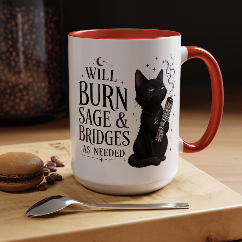 Mug Brûler de la sauge et des ponts au besoin, Mug à café chat noir sorcière, cadeau sorcière drôle, tasse humour gothique, tasse esthétique sorcière 11 oz 15 oz 20 oz Red