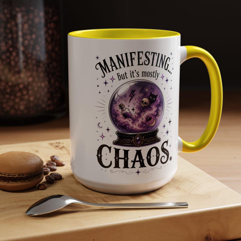 Manifesting Chaos Mug, Witchy Humor Coffee Mug, Crystal Ball Mug, Funny Witch Gift, Spiritual Humor Cup, 11oz, 15oz, 20oz Yellow