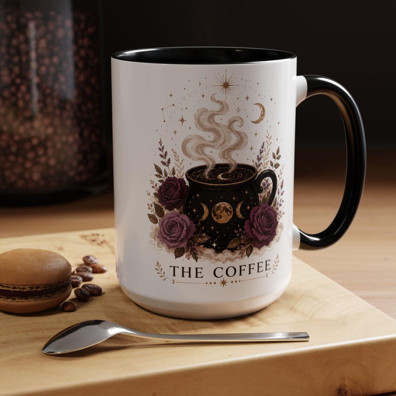 De koffiemok, heksenkoffiemok, mok met hemelse ketel, gotisch cadeau voor koffieliefhebbers, mok met maanfase, wolkenmagiër, 11oz, 15oz, 20oz Black