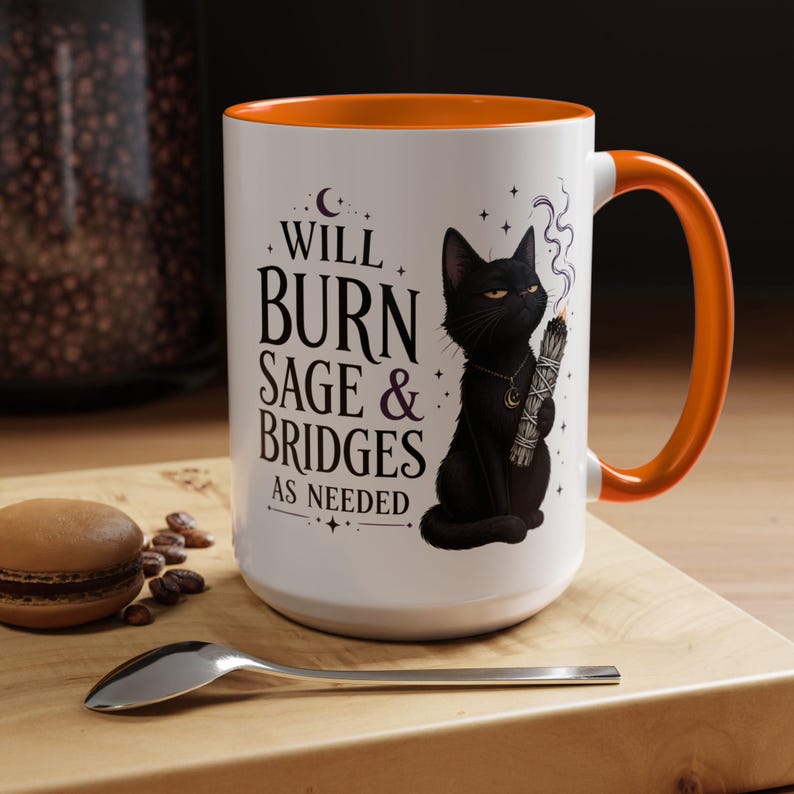 Mug Brûler de la sauge et des ponts au besoin, Mug à café chat noir sorcière, cadeau sorcière drôle, tasse humour gothique, tasse esthétique sorcière 11 oz 15 oz 20 oz Orange