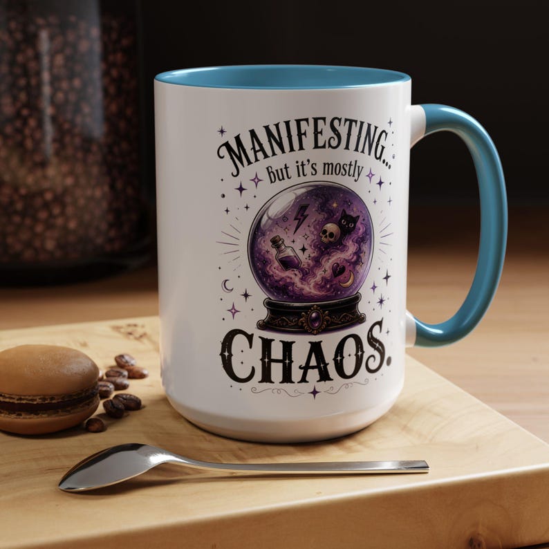 Manifesting Chaos Mug, Witchy Humor Coffee Mug, Crystal Ball Mug, Funny Witch Gift, Spiritual Humor Cup, 11oz, 15oz, 20oz Light Blue