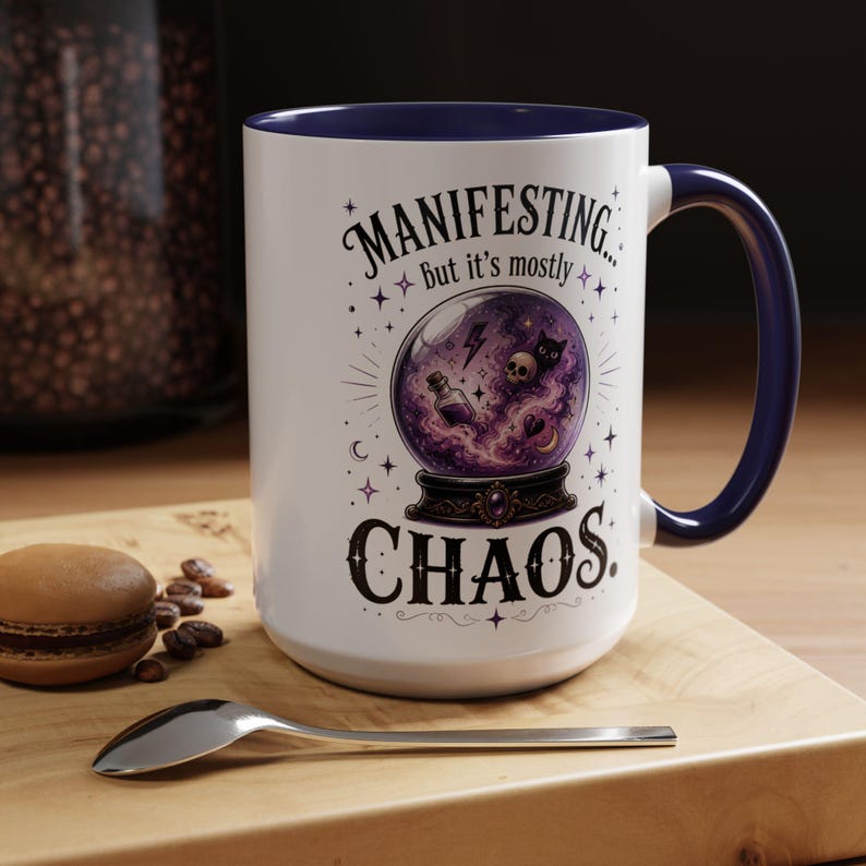 Manifesting Chaos Mug, Witchy Humor Coffee Mug, Crystal Ball Mug, Funny Witch Gift, Spiritual Humor Cup, 11oz, 15oz, 20oz Navy