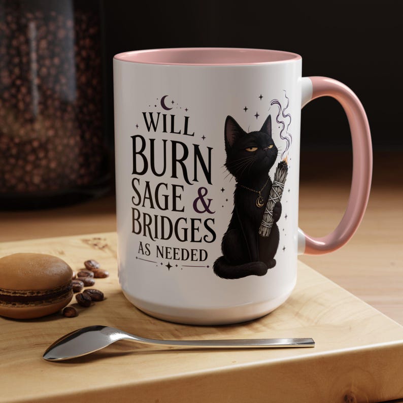 Mug Brûler de la sauge et des ponts au besoin, Mug à café chat noir sorcière, cadeau sorcière drôle, tasse humour gothique, tasse esthétique sorcière 11 oz 15 oz 20 oz Pink