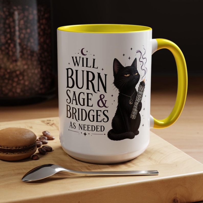 Mug Brûler de la sauge et des ponts au besoin, Mug à café chat noir sorcière, cadeau sorcière drôle, tasse humour gothique, tasse esthétique sorcière 11 oz 15 oz 20 oz Yellow