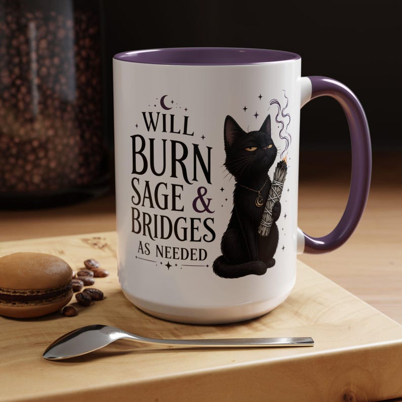 Mug Brûler de la sauge et des ponts au besoin, Mug à café chat noir sorcière, cadeau sorcière drôle, tasse humour gothique, tasse esthétique sorcière 11 oz 15 oz 20 oz Purple