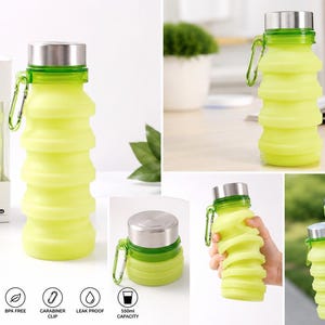 May include: A yellow, collapsible silicone water bottle with a silver lid and green details. It features a carabiner clip and holds 550ml. The bottle is designed for travel and is BPA-free.