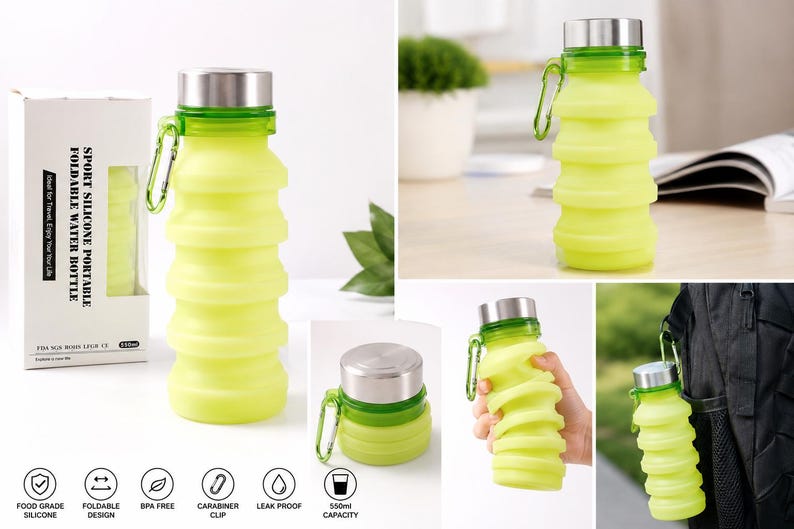 May include: A yellow, collapsible silicone water bottle with a silver lid and green details. It features a carabiner clip and holds 550ml. The bottle is designed for travel and is BPA-free.