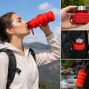 May include: A red, collapsible water bottle with a silver lid and a carabiner clip. The bottle is shown in use and attached to a backpack. The bottle is made of a flexible material and can be compressed for easy storage. Ideal for outdoor activities.