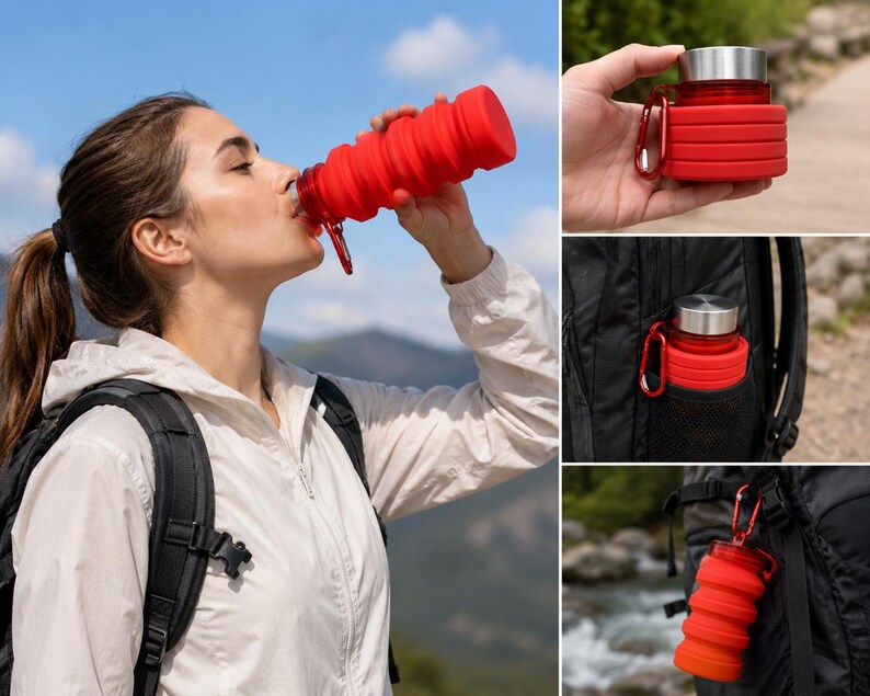 May include: A red, collapsible water bottle with a silver lid and a carabiner clip. The bottle is shown in use and attached to a backpack. The bottle is made of a flexible material and can be compressed for easy storage. Ideal for outdoor activities.