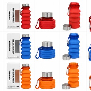 May include: Collapsible water bottles in red, blue, and orange, with silver lids and carabiner clips. The bottles are shown both expanded and collapsed, with a small silver cap next to some. The packaging reads "SPORT SILICONE PORTABLE WATER BOTTLE."