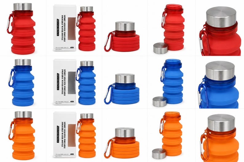 May include: Collapsible water bottles in red, blue, and orange, with silver lids and carabiner clips. The bottles are shown both expanded and collapsed, with a small silver cap next to some. The packaging reads "SPORT SILICONE PORTABLE WATER BOTTLE."