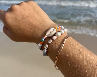 Candy Colored Beads & Seashells Friendship Bracelet - Small Cone Shells - “Cowrie Baby”
