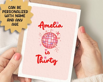 Tarjeta personalizada con el nombre "Treinta" y bola de discoteca / Tarjeta de cumpleaños número 30 para ella, Tarjeta de cumpleaños número 30, Tarjeta para mejor amiga, Tarjeta para amigas número 30 / Tarjeta A6