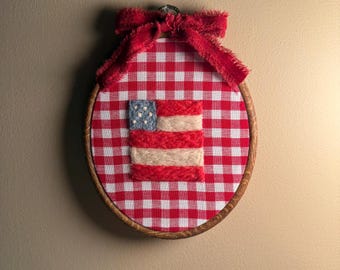Needle Felted American Flag Wall Art, Americana Gingham Hoop Decor