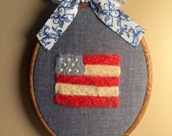 Needle Felted American Flag Wall Art, Americana Gingham Hoop Decor