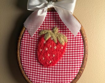 Hand Needle Felted Strawberry Wall Art, Gingham Embroidery Hoop Decor