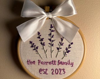 Lavender Embroidery Hoop | Custom Family Name Embroidery | Personalized Lavender Wall Decor | Rustic Farmhouse Hoop Art | Handmade Floral