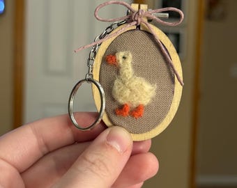 Handmade Needle Felted Keychain | Mini Embroidery Hoop Keychain | Floral & Duck Design | Cottagecore Bag Charm | Unique Handmade Gift