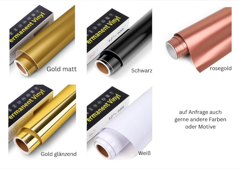 May include: Rolls of permanent vinyl in various colors, including gold, black, rose gold, and white. The image shows both matte and glossy gold vinyl. Each roll is labeled with "Permanent Vinyl" and the size.