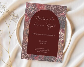 Henna Invitation Cards | Henna Night Invitation, Dark Red Henna Invitation, Turkish, Oriental Carpet