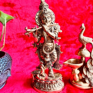 25CM Brass Lord Krishna Statue - Divine Krishna Ji Murti for Home Temple, Pooja Mandir Décor, Krishna with Flute - Ships from USA