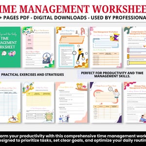 以下が含まれることがあります： 時間管理のためのカラフルなデジタルダウンロードワークシート。ワークシートには、タスクの優先順位付け、明確な目標の設定、毎日のルーチンの最適化を支援する、15ページ以上の実践的な演習と戦略が含まれています。