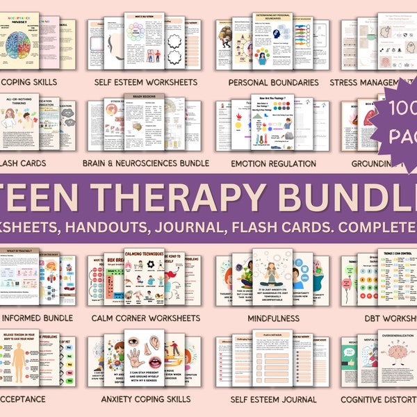 Méga lot de feuilles de travail thérapeutiques pour adolescents, cahier d'exercices de thérapie, journal du thérapeute : anxiété, psychologie, santé mentale des enfants, capacités d'adaptation des adolescents, TAG