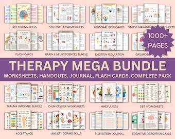 Therapy worksheet bundle, psychology resources, inner critic, boundaries, trauma, acceptance therapy, safety plan, planner, affirmations,GAD