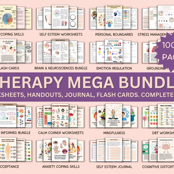 Therapie werkbladbundel, psychologische hulpmiddelen, innerlijke criticus, grenzen, trauma, acceptatietherapie, veiligheidsplan, planner, affirmaties, GAD