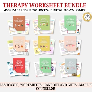 Therapy worksheet bundle, psychology resources, inner critic, boundaries, trauma, acceptance therapy, safety plan, planner