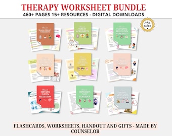 Therapy worksheet bundle, psychology resources, inner critic, boundaries, trauma, acceptance therapy, safety plan, planner