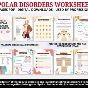 May include: A collection of printable worksheets designed to help manage bipolar disorder. The worksheets feature colorful illustrations and text such as "Ultimate Bipolar Disorder Worksheet", "Practical Exercises and Strategies", "My Strengths & Qualities", "Questions to Ask Yourself", "Rain Technique", "Thoughts Reframing Exercise", "Weekly Self-Care Checklist", and "SPP Introduction".